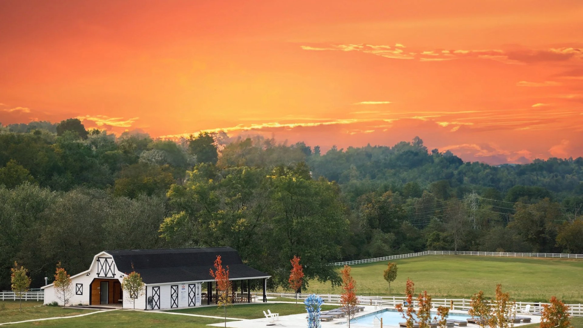Aerial view of The Horse Shoe Farm estate at sunset near Asheville NC